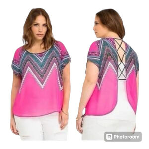 Torrid Womens Strappy Back Sheer Blouse Size 3X Magenta Southwest Short Sleeve